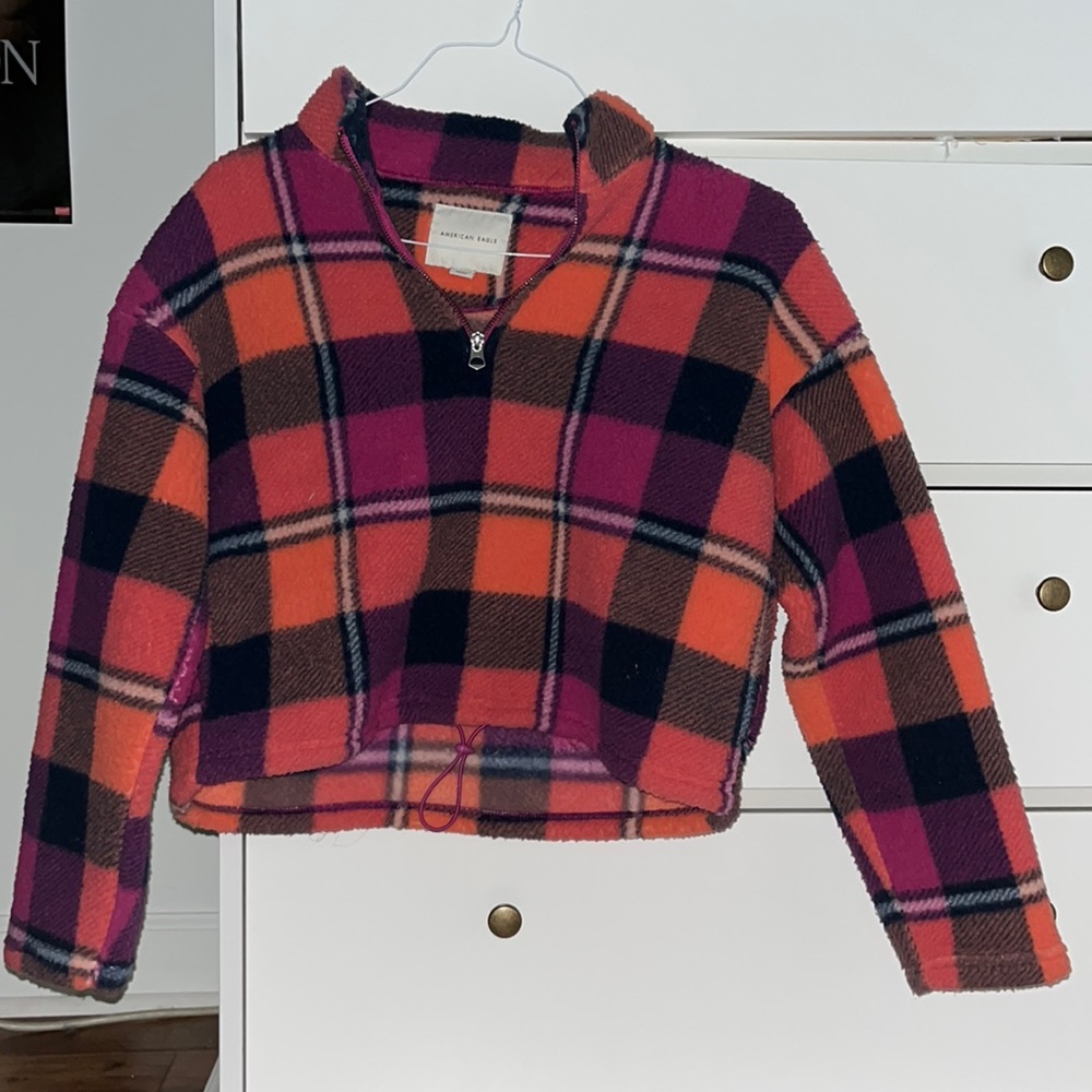 Pink & plaid cropped fuzzy sweatshirt from American Eagle